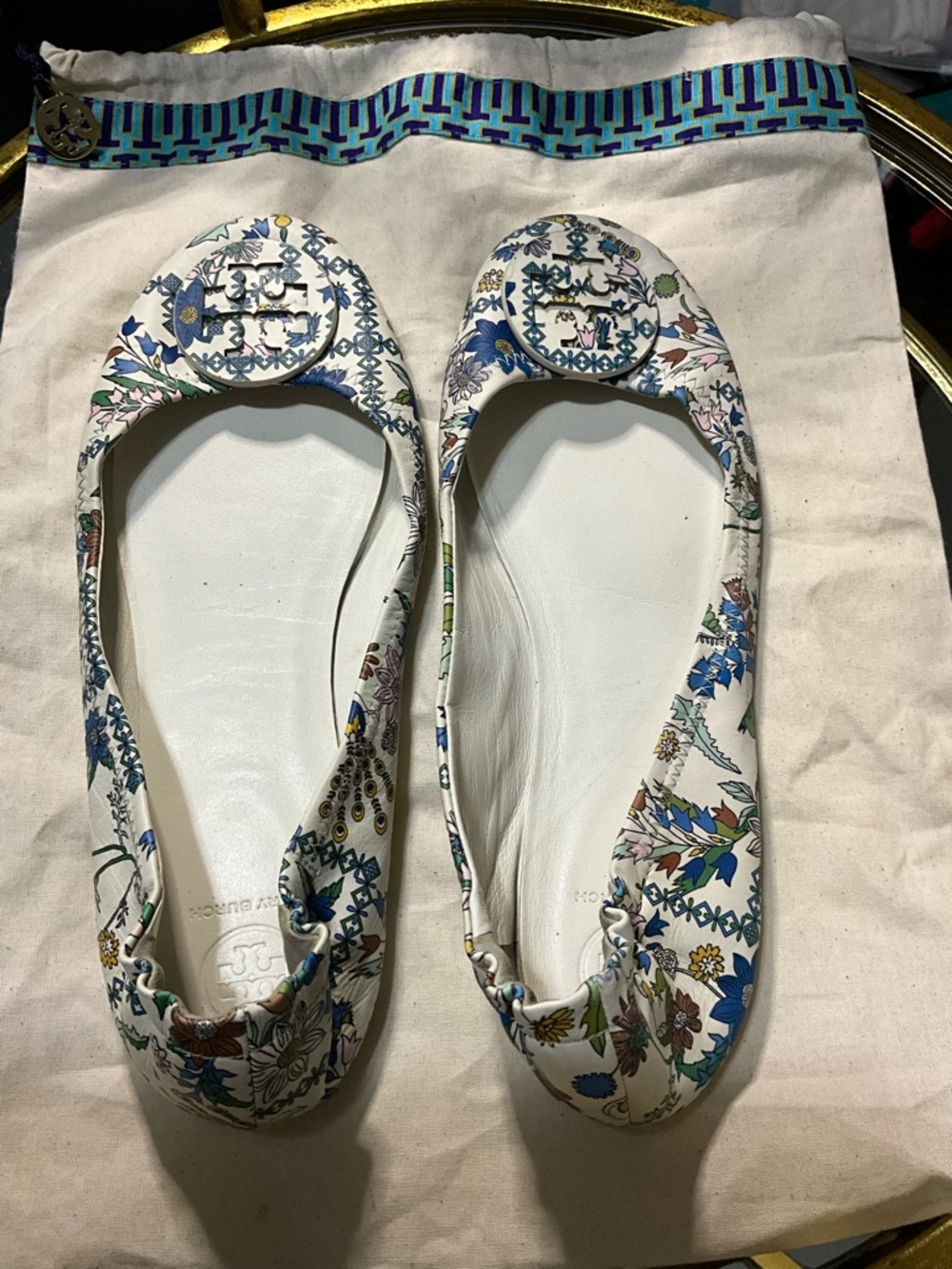 Tory Burch Minnie Travel Ballet Flat Floral Print Size 9 EUC Leather Dust Bag
